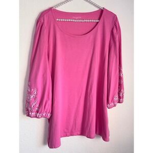 Talbots Plus Pink Cotton 3/4 Sleeve Eyelet Embroidered Scoop Neck Top 2X